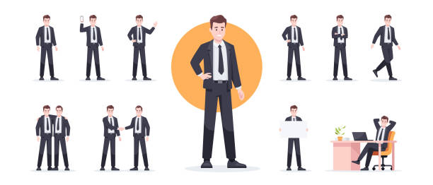 Businessman set isolated. Man in the workplace. Office worker in suit. Cartoon people in different poses and actions. Cute male character for animation. Simple design. Flat style vector illustration. Businessman set isolated. Man in the workplace. Office worker in suit. Cartoon people in different poses and actions. Cute male character for animation. Simple design. Flat style vector illustration. beautiful woman walking stock illustrations