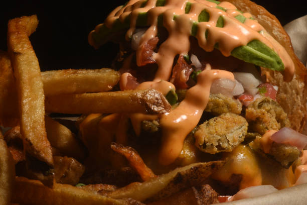 Gourmet Burger with Fries Up Close