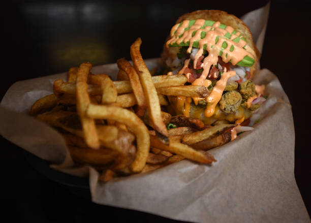 Gourmet Burger with Fries Displayed