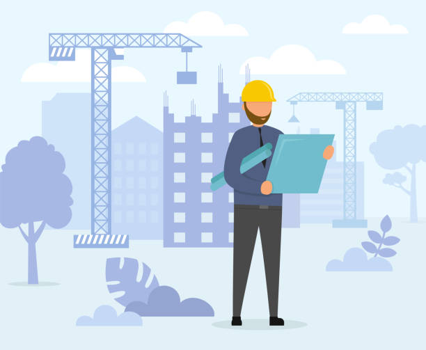 Architect is Watching at Blueprints on the Construction Background. Man with Project in Helmet and Suit. Tower Cranes are On the Background. Flat Style. Vector Illustration Architect is Watching at Blueprints on the Construction Background. Man with Project in Helmet and Suit. Tower Cranes are On the Background. Flat Style. Vector Illustration. blueprint illustrations stock illustrations