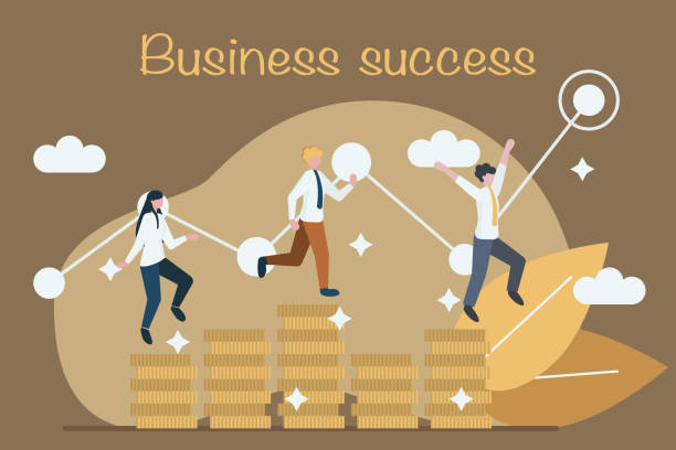 ilustrações de stock, clip art, desenhos animados e ícones de business success concept. business tiny people with the leader in front walking on the big coins on the abstract infographic background. flat style. vector illustration - office time lapse