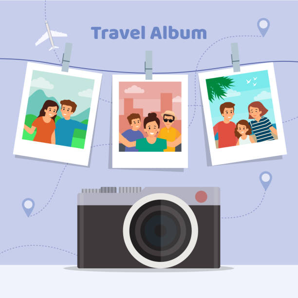 illustrations, cliparts, dessins animés et icônes de happy vacations concept. album de voyage d'une famille heureuse des vacances sur le fond abstrait avec la caméra rétro et les repères. style plat. illustration de vecteur - family album