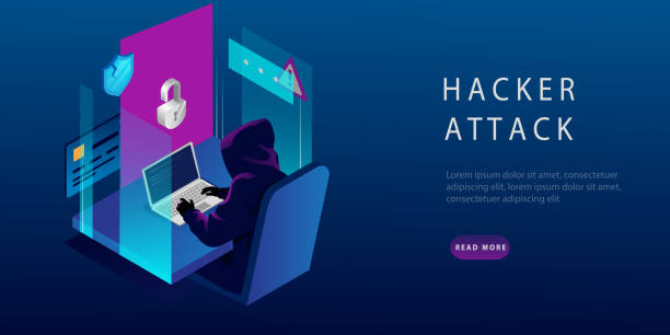 ilustraciones, imágenes clip art, dibujos animados e iconos de stock de concepto isométrico de hackers de internet y seguridad de datos personales. el hacker en la computadora. tecnología de seguridad informática. virus de spam de correo electrónico, piratería de cuentas bancarias. ilustración vectorial - crime cyborg security system security