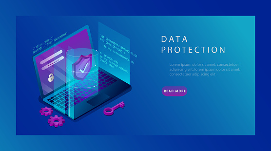 Isometric Protection Network Security and Safe Data Concept. Landing Page Design Templates of Cybersecurity. Digital Crime by an Anonymous Hacker. Vector illustration.