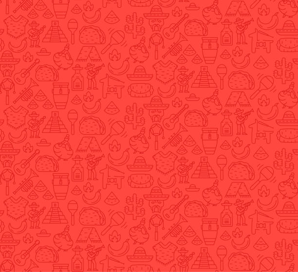 Mexican culture vector seamless pattern Mexican culture vector seamless pattern. Cinco de Mayo festival linear icons background. Traditional Mexican  food, musical instruments, clothes red texture. Latin america wallpaper, textile design mexico stock illustrations