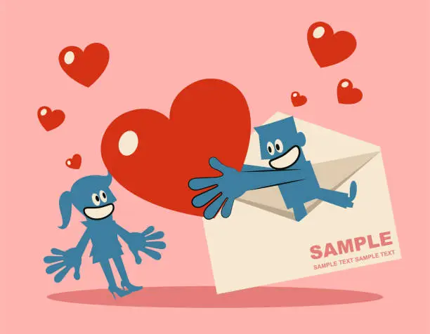 Vector illustration of Man pops out of an envelope and gives woman a huge heart love