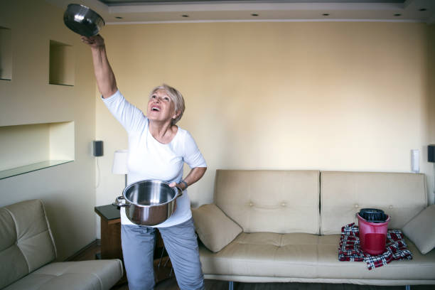istock Elderly Woman is Collecting Water Leaking from the Ceiling 1201531403