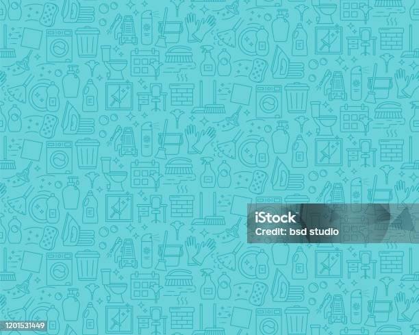 Cleaning Service Linear Icons Vector Seamless Pattern Household Background Housekeeping Line Items Blue Texture Cleaning Housework Products Wallpaper Textile Design Stock Illustration - Download Image Now