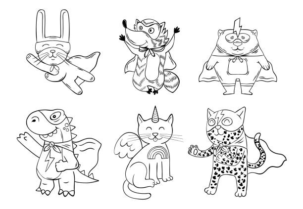 Set of the supper hero animals Set collection bundle Superhero super cute funny animals in mask and cloak with super power. Cartoon doodle illustration for print design coloring t-shirt clothes tee poster badge sticker pin patch. superhero drawings stock illustrations