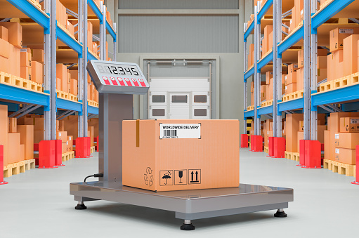 Warehouse scale with parcel in storehouse, 3D rendering