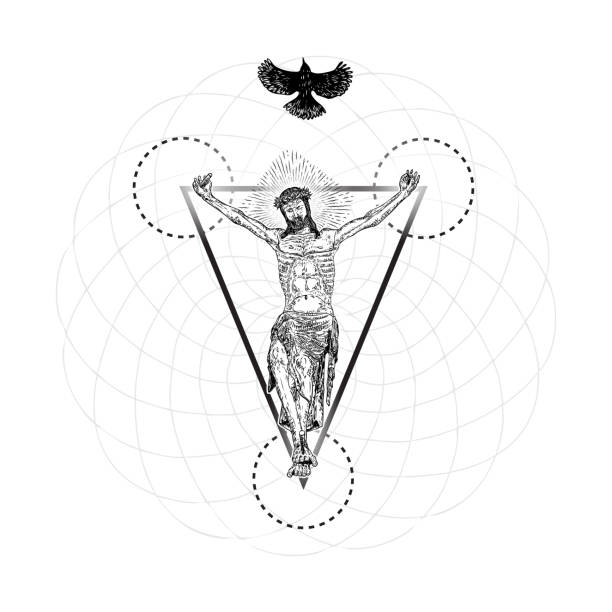 istock Jesus Christ modern interpretation of crucifixion with bird fly over his head. Symbol of saint with holy spirit. Crucifix drawing. Art tattoo reference. Religion pride and glory. Good Friday Vector. 1201539049
