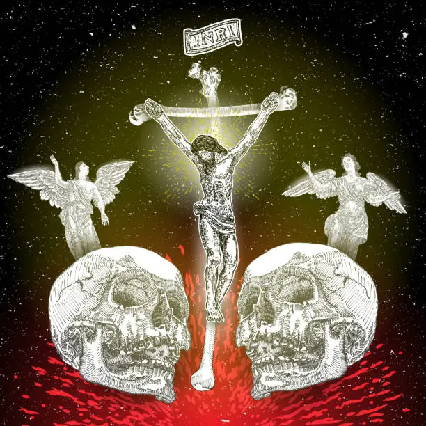 Vector illustration of Jesus Christ crucifixion on the cross made of bones and sign INRI, son of God, with sad winged angels standing over human skulls with fire from below. Flesh tattoo reference. Good Friday. Vector.