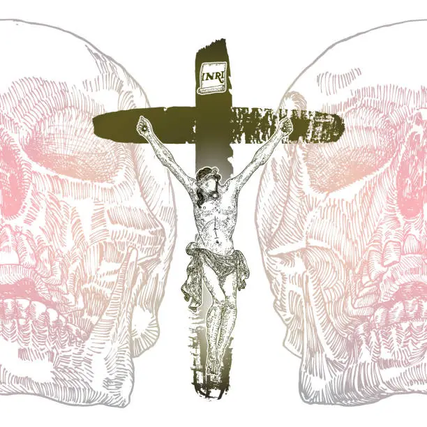 Vector illustration of Jesus Christ crucifixion with drawing of skulls, symbol of saint. Flash body tattoo. Symbol of Christianity prayer and religion. Vector.