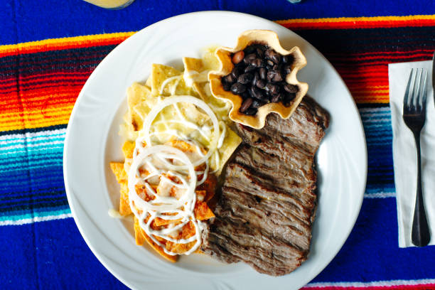istock plate of corn chips nachos with fried meat in mexican restaurant. 1201542008