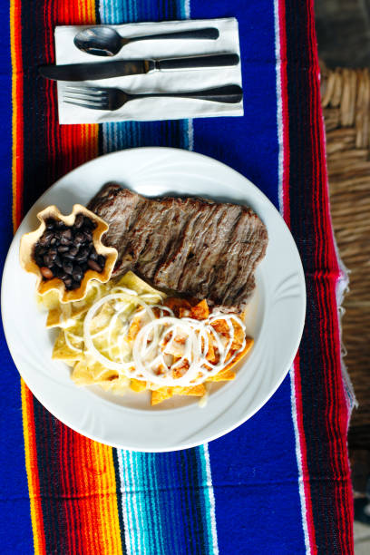 istock plate of corn chips nachos with fried meat in mexican restaurant. 1201542015