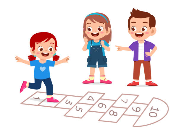 happy cute little kid boy and girl play hopscotch happy cute little kid boy and girl play hopscotch hopscotch stock illustrations