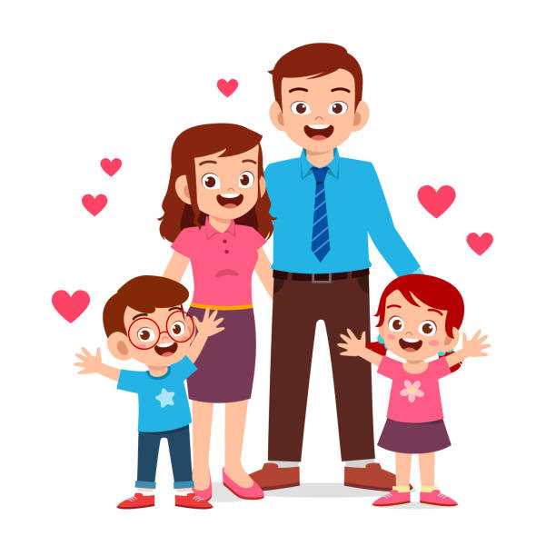 šťastný roztomilý chlapec a dívka s mámou a tátou - rodina stock ilustrace
