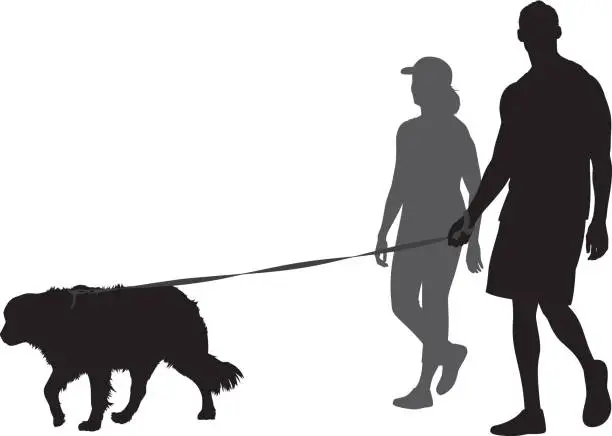Vector illustration of Couple Walking Dog Silhouette