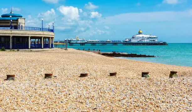 View of Eastbourne pier with bandstand in the front, East Sussex, England, selective focus
