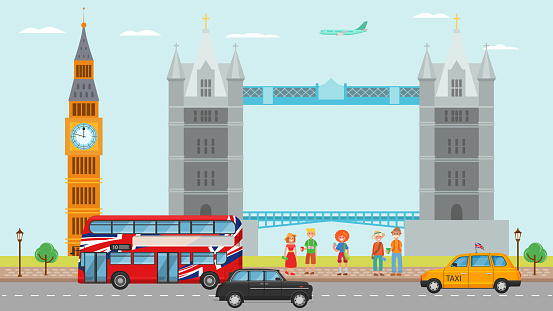 London Great Britain tourism travel concept vector illustration. Landmarks and symbols of London Tower bridge, Big Ben, double decker red bus, taxi, black cab. Group of people tourists men, women.