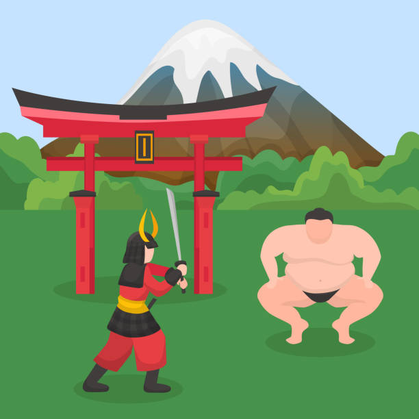 japanische nationale symbole sumo wrestler, samurai, tor und montieren fuji vektor-illustration. - loin cloth stock-grafiken, -clipart, -cartoons und -symbole