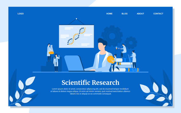 Scientific research vector illustration concept, people teamwork in science laboratory. Scientific research vector illustration concept, people team working in science laboratory. Website internet landing page template. Men, women group with laptop, books, microscope, test tubes. science research stock illustrations