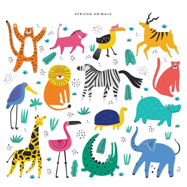 kuvapankkikuvitukset aiheesta afrikkalaiset eläimet ja kasvit litteät kuvat asetettu - villisian liha