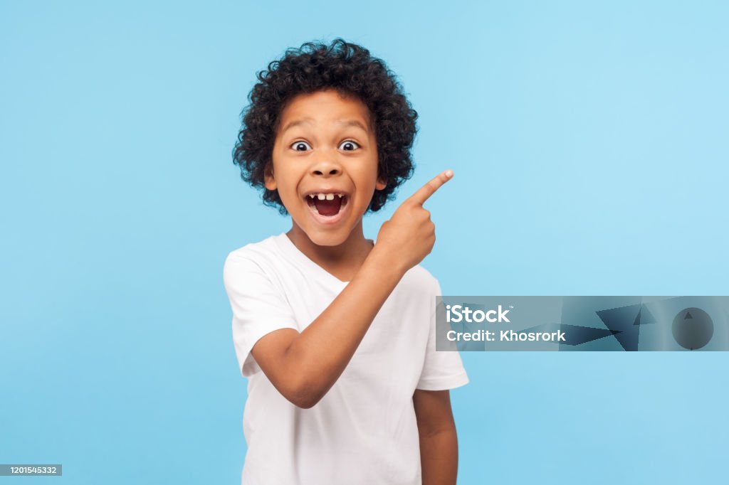 Wow look, advertise here! Portrait of amazed cute little boy with curly hair pointing to empty place Wow look, advertise here! Portrait of amazed cute little boy with curly hair pointing to empty place on background, surprised preschooler showing copy space for promotional ad. indoor studio shot Child Stock Photo