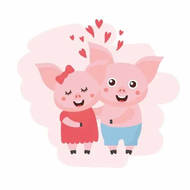 Vector illustration of Valentine's Day greeting card. Cute illustration with sweet pigs and love theme illustration. Romantic relationship lover. Animals love.