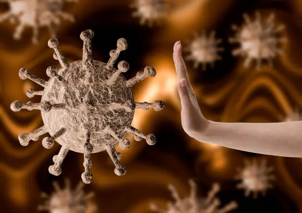 woman with her hand resisting and preventing coronavirus, a virus that causes severe peneumonia leading to death. 3D rendering