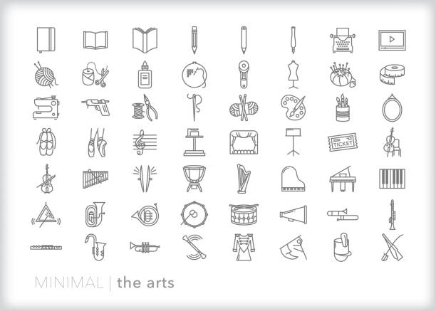 Education line icon set of the arts Line icons of the arts taught in school including music, ballet, writing, reading, craft, art and dance ballet shoe stock illustrations