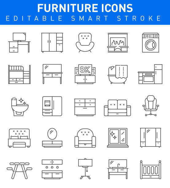 가구 라인 아이콘입니다. 편집 가능한 스트로크 벡터 일러스트 - closet hotel door contemporary stock illustrations