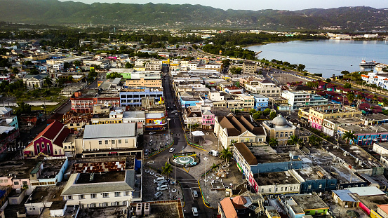 Flying Drone around Montego Bay Jamaica Downtown and Church