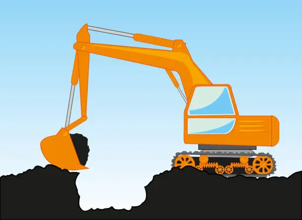 Vector illustration of Special technology excavator digs pit in ground