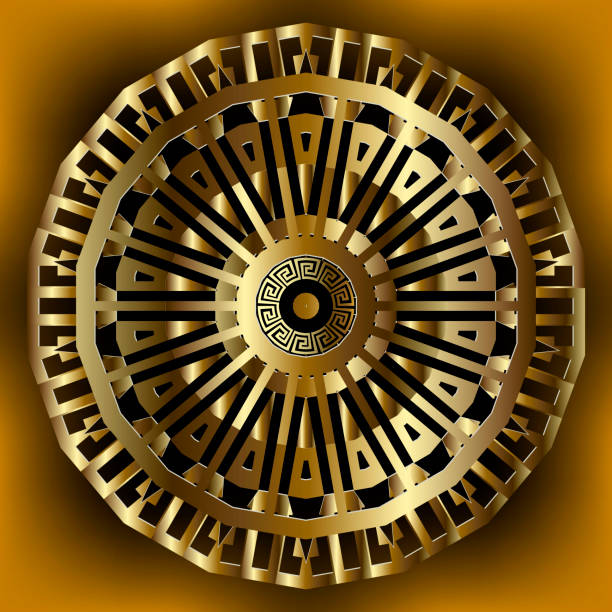 istock 3d round gold greek mandala pattern. Vector ornamental luxury glowing background. Ornate backdrop. Greek key meanders surface 3d ornament. Decorative elegant beautiful golden design. Plate. Template 1201572517