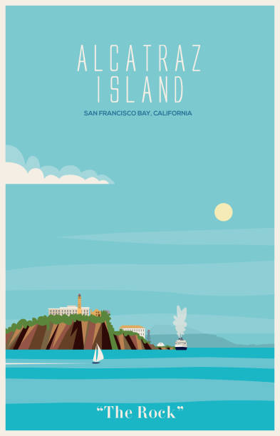Alcatraz Island in the bay of San Francisco Poster of retro colors, flat illustration with a single stroke. Easy color change bay of water illustrations stock illustrations