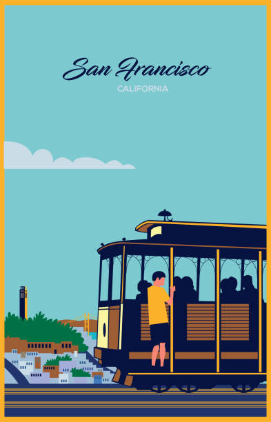 San Francisco Tram Poster of retro colors, flat illustration with a single stroke. Easy color change alcatraz island photos stock illustrations