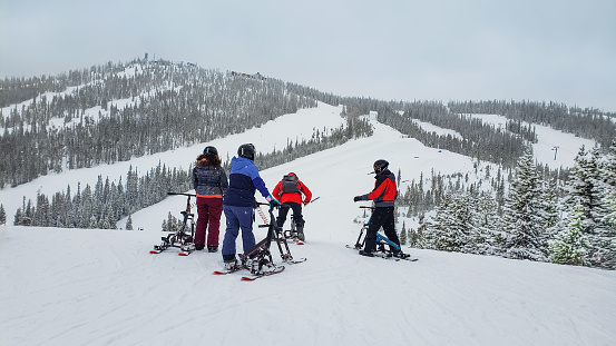 Two women and two men getting ready to go down mountain slope on 3-ski snow bikes in Colorado ski resort on snowy winter day; pine trees and ski runs in background