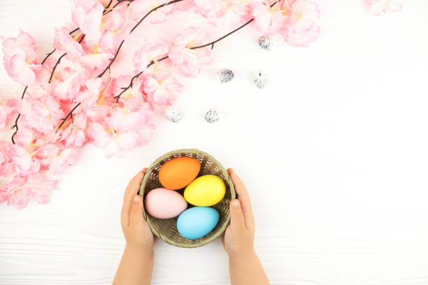 Pastel colored eggs in the nest on white wooden background. Child's hands holding basket with colored eggs on the Easter background. holding child flower april stock pictures, royalty-free photos & images