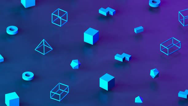 résumé 3d render primitives geometric shapes isometric background - composition space cube abstract photos et images de collection