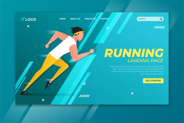 Running landing page with runner illustration. Sport web page template design Modern sport landing page gym backgrounds stock illustrations