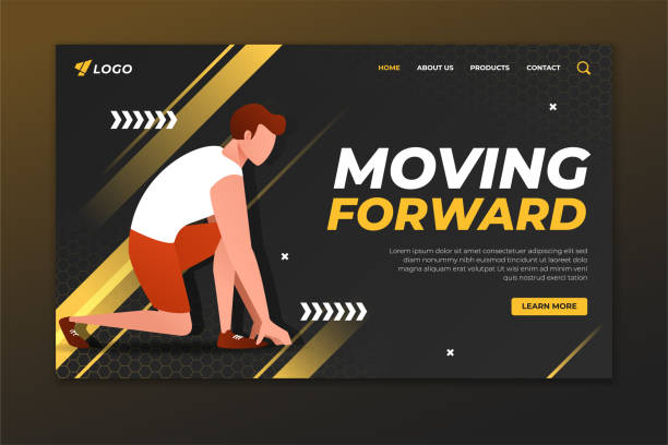 Sport landing page with man ready to run illustration. Sport web page template design Modern sport landing page gym backgrounds stock illustrations