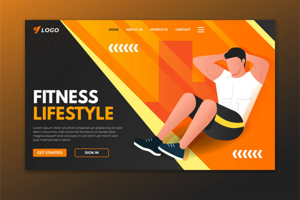 Fitness landing page with man doing crunches. Sport web page template design for gym, personal trainer and fitness center Modern sport landing page gym backgrounds stock illustrations