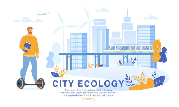Vector illustration of Businessman Riding Hoverboard to Work in Eco City