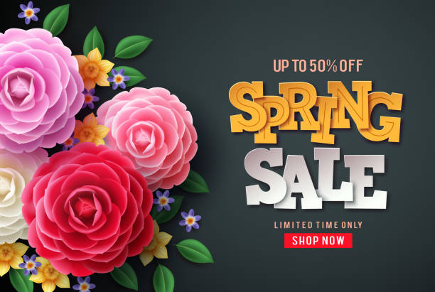 Spring sale vector flowers background. Spring sale text, colorful camellia flowers Spring sale vector flowers background. Spring sale text, colorful camellia flowers and crocus flowers in back background for spring seasonal promotion. camellia plant stock illustrations