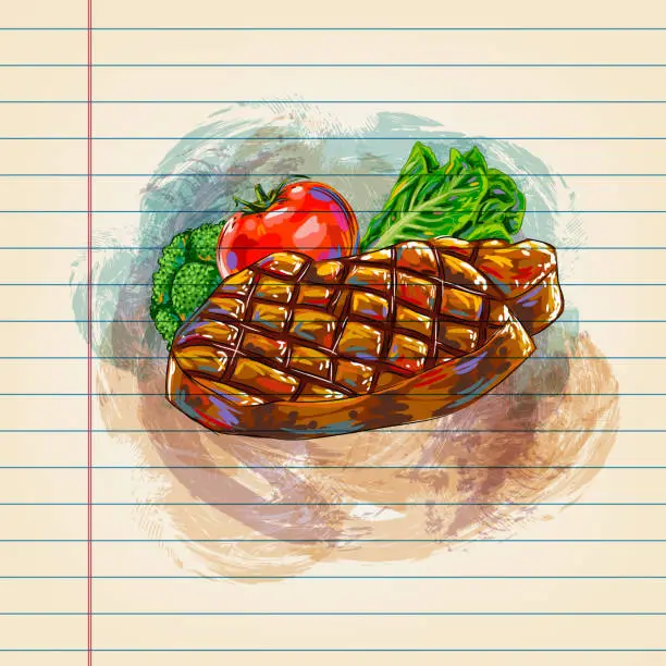 Vector illustration of Grilled beef Drawing on Ruled Paper