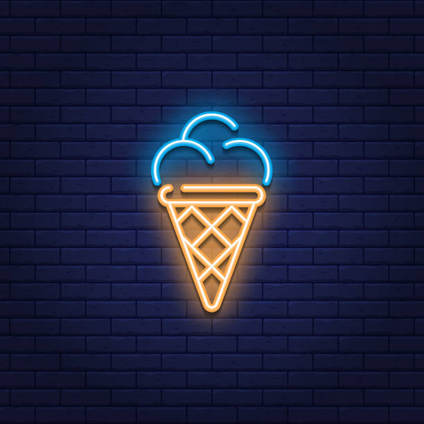 Neon Ice Cream Icon Logo Vector neon ice cream icon. Glowing sweet dessert in waffle cone logo background. Candy concept for cafe, cafeteria, restaurant, stall. Line street food sign illustration neon sign ice cream stock illustrations