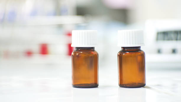 istock Blank brown bottle reagent in laboratory. 1201591783