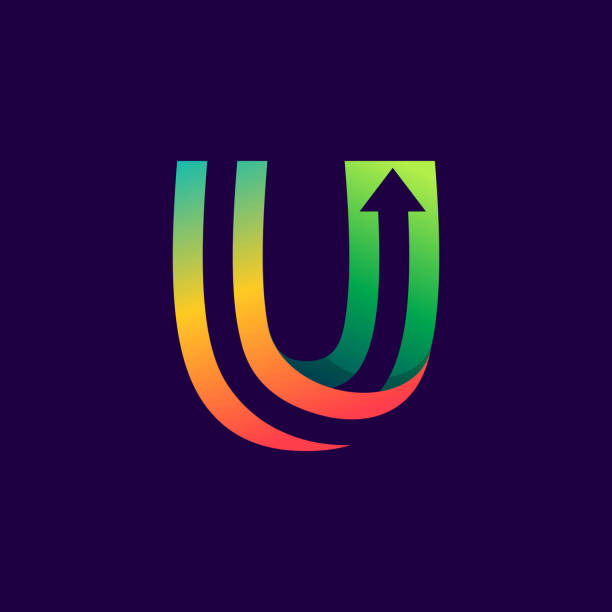 Letter U logo with arrow inside. Vector bright colours typeface for delivery labels, business headlines, finance posters, sport cards etc. the letter u stock illustrations