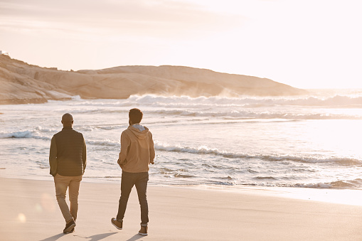 Rearview shot of a young man going for a walk along the beach with his father